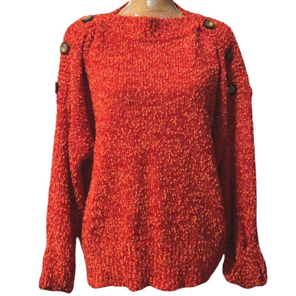Tu Woman 20 Red + Orange Confetti Button Shoulder Cuffed Sweater